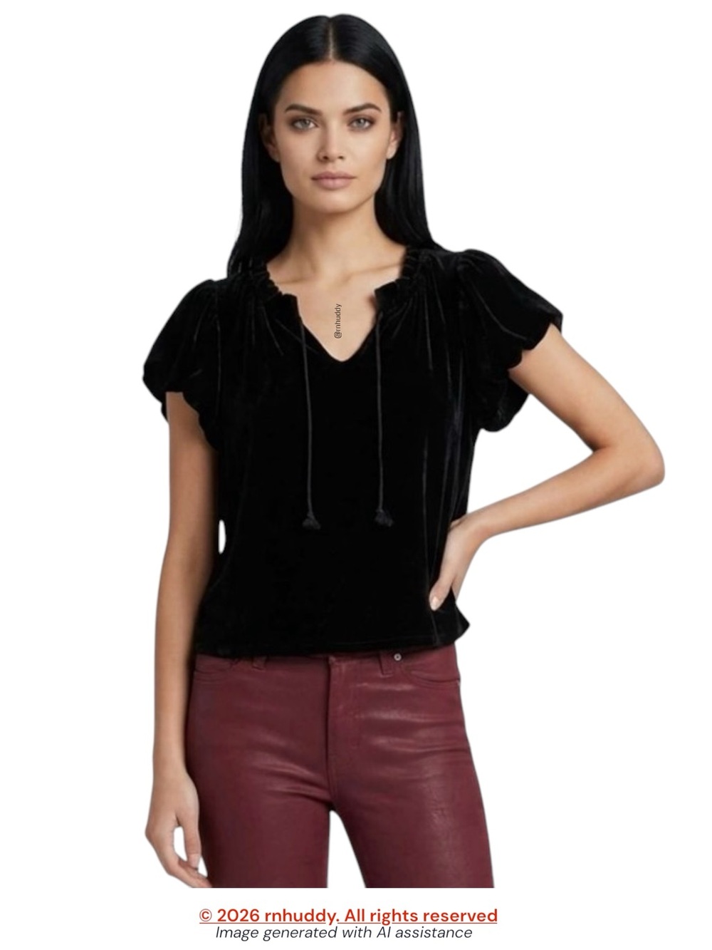 Free People XS black velvet puff sleeve neck tie top